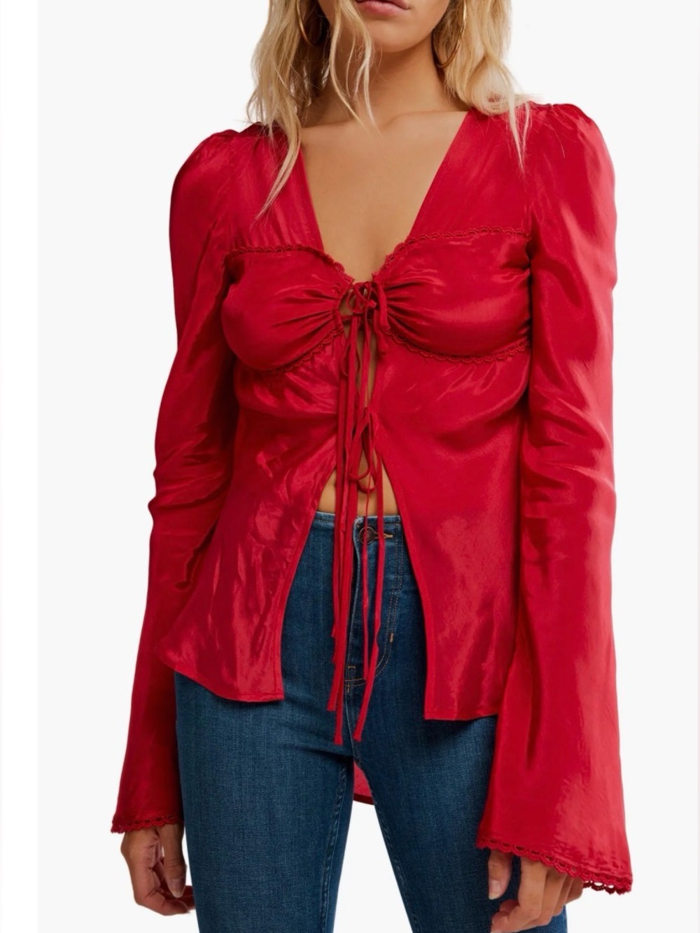 FREE PEOPLE Women’s Red Satin Bali Bell Sleeve Tie Front Top Size Small